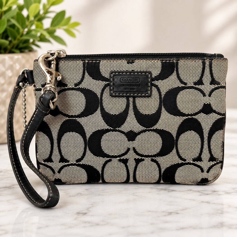 Coach Signature C Jacquard Wristlet Black Beige Leather Trim Zip Pouch
